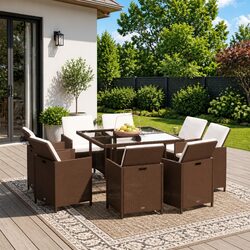 Garden Dining Set 9 Piece Outdoor Patio Furniture PE Rattan Brown with Cushions