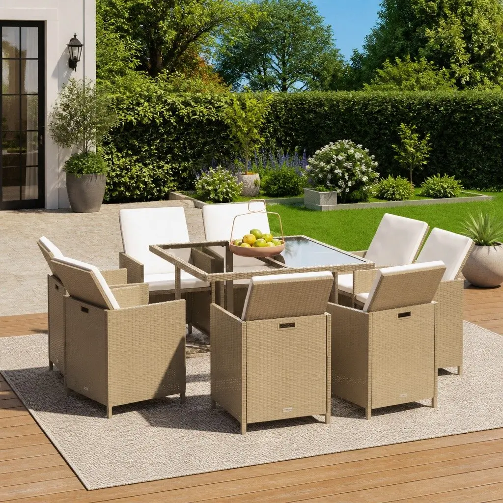 Garden Dining Set Outdoor Patio Furniture 9 Piece Beige Cushions