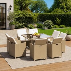 9 Piece Garden Dining Set: PE Rattan and Steel Frame