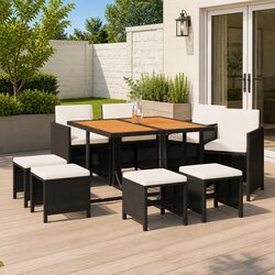 9 Piece Garden Dining Set: PE Rattan, Black Finish