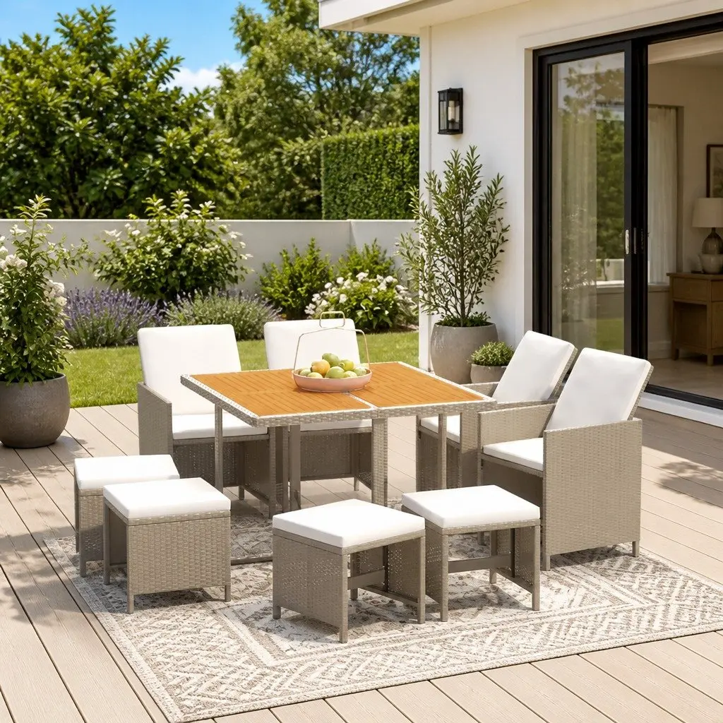 9 Piece Outdoor Furniture Set for Garden Dining with Folding Backrest Beige Cushions Lightweight PE Rattan Construction