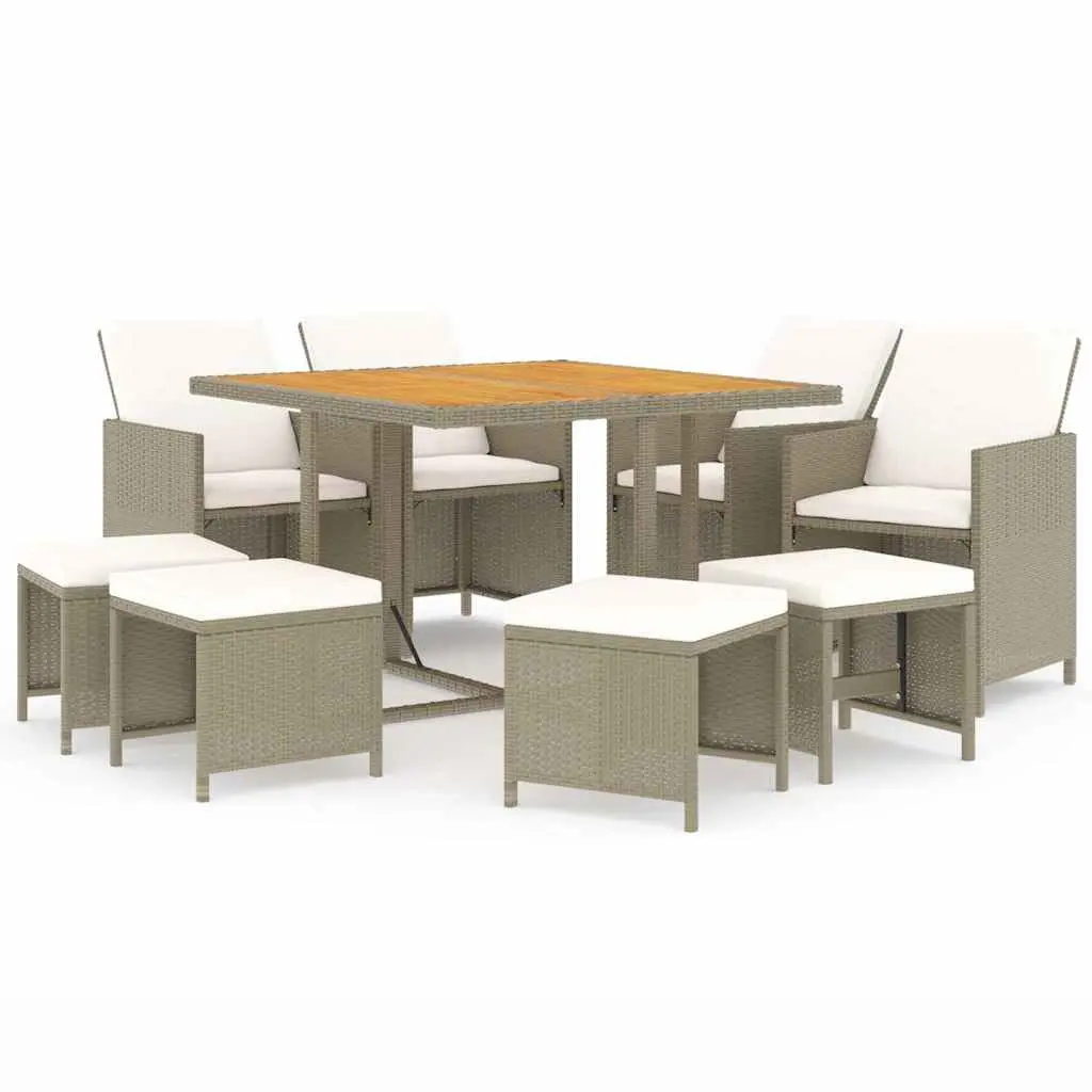 9 Piece Outdoor Furniture Set for Garden Dining with Folding Backrest Beige Cushions Lightweight PE Rattan Construction