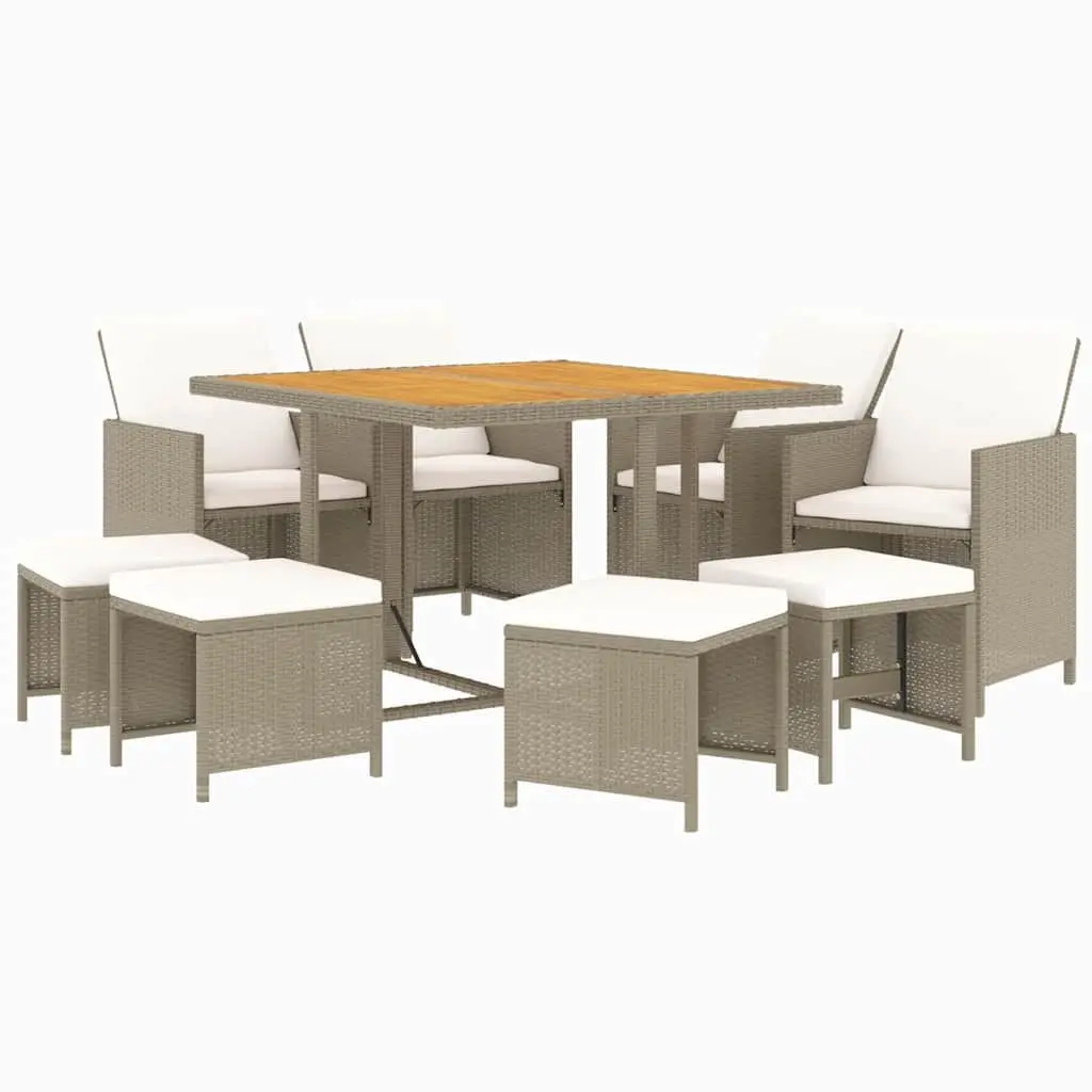 9 Piece Outdoor Furniture Set for Garden Dining with Folding Backrest Beige Cushions Lightweight PE Rattan Construction