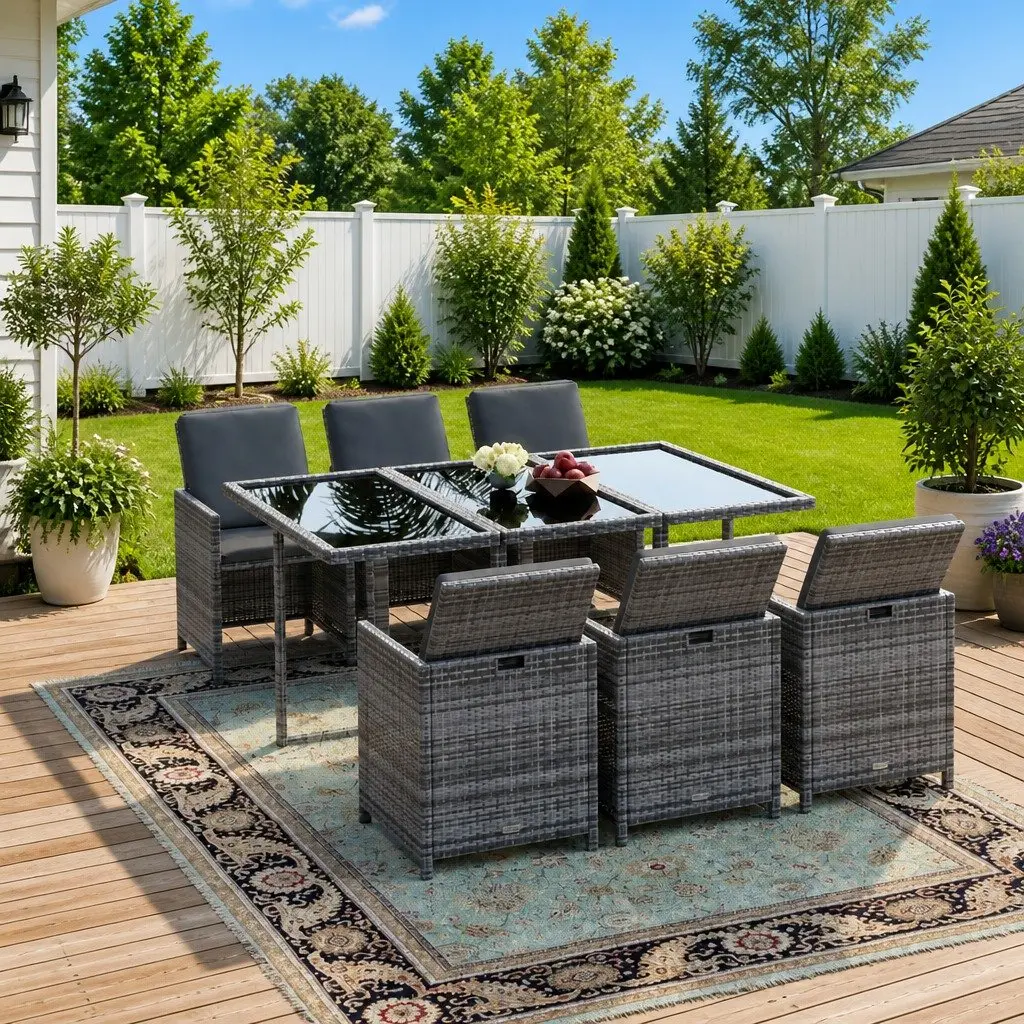 Garden Dining Set Outdoor Use 7 Piece Rattan Grey with Cushions
