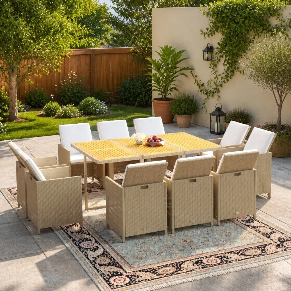 Garden Dining Set Outdoor Furniture 11 Piece PE Rattan Patio Table Chairs Beige