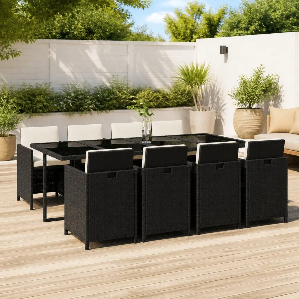 Outdoor Garden Dining Set 9 Piece Patio Furniture Black Poly Rattan