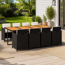 Garden Dining Set: 9 Pieces, Black PE Rattan, Cushions