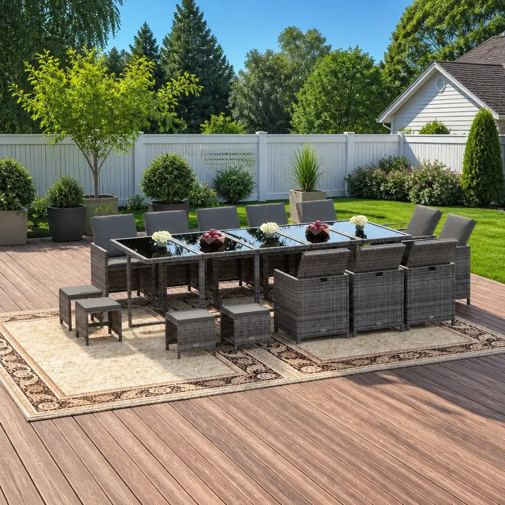 15 Piece Garden Dining Set Outdoor Use Grey Poly Rattan with Cushions