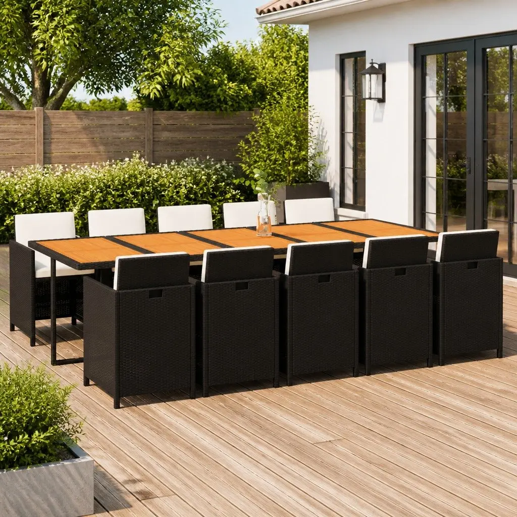 Garden Furniture Set 11 Piece Outdoor Dining Black PE Rattan with Cushions
