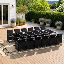 Poly Rattan Garden Dining Set: 13 Pieces, Black, PE Rattan
