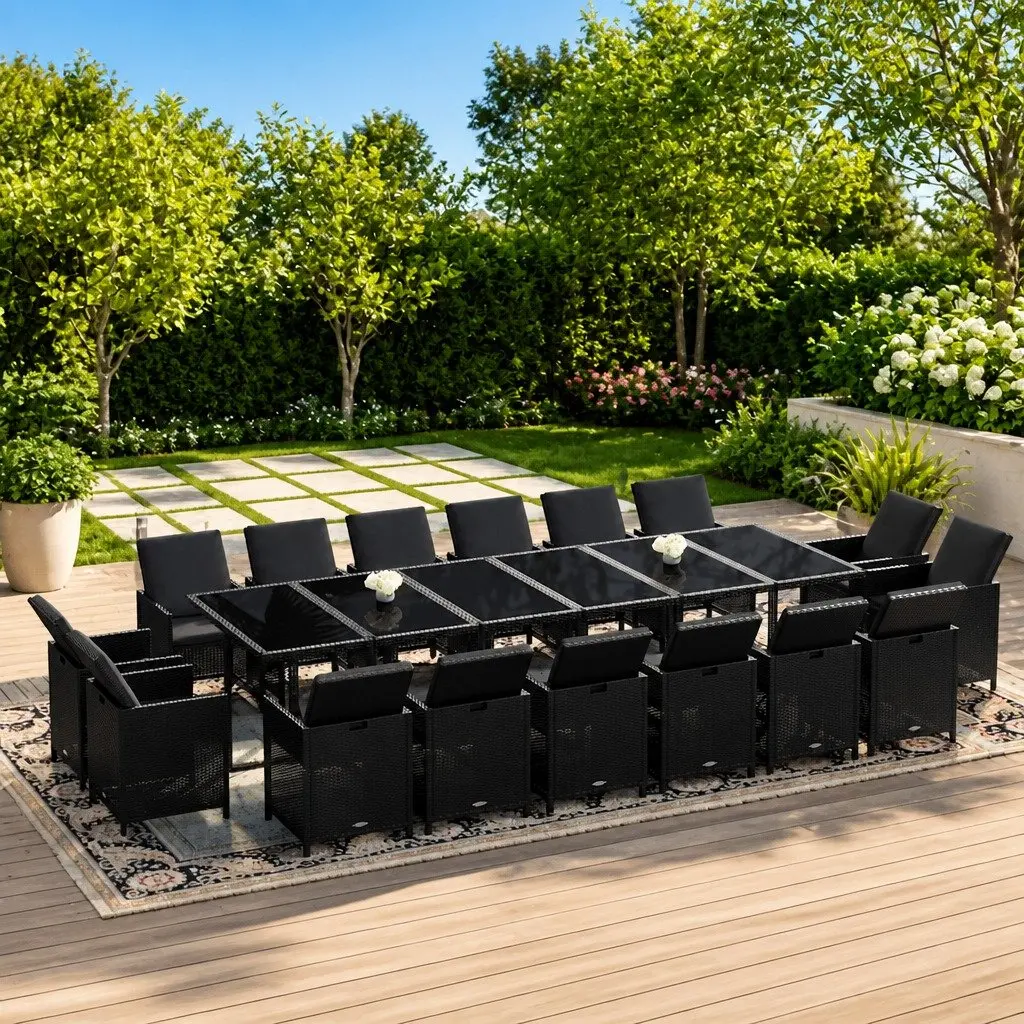17 Piece Outdoor Dining Set Poly Rattan Furniture with Cushions for Garden and Patio Black