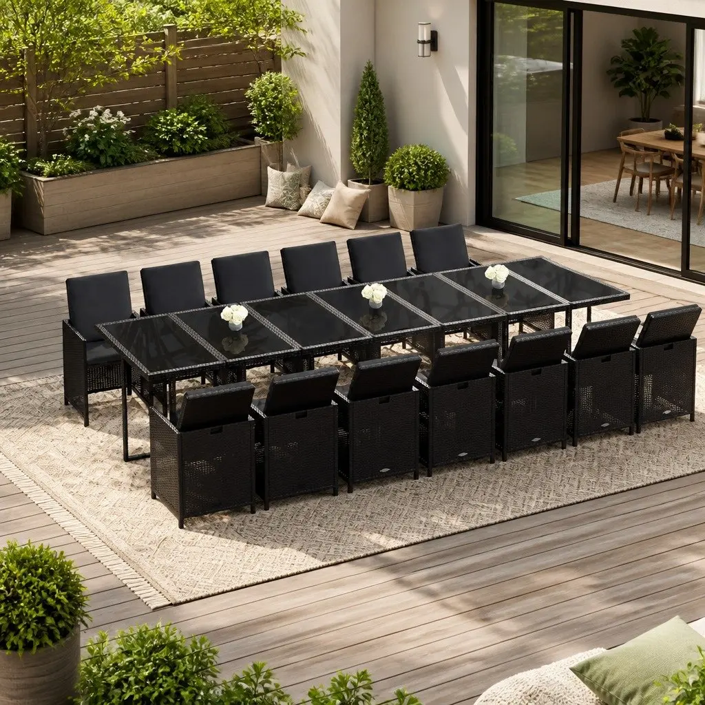Garden Dining Set Outdoor Use 15 Piece Poly Rattan Furniture Black with Cushions