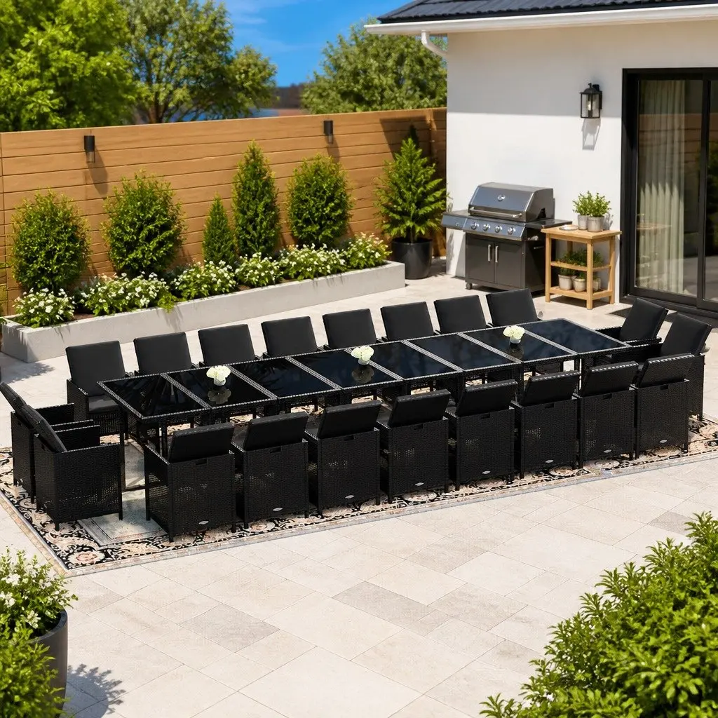 Garden Furniture Outdoor Dining Set 21 Piece Black Poly Rattan Table and Chairs