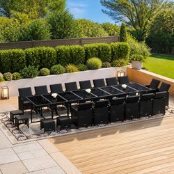 21-Piece Garden Dining Set - Black Steel & Rattan