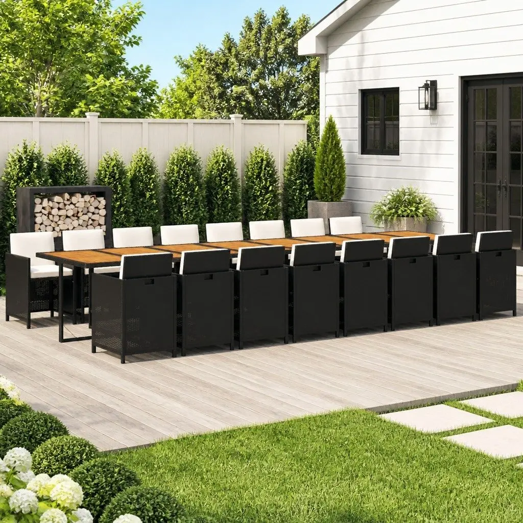 17 Piece Black Poly Rattan Outdoor Dining Set for Garden Patio with Cushions
