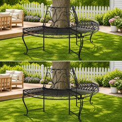 Half Round Tree Bench Outdoor Seating 2 pcs Ø160 cm Black Steel Garden Wrap