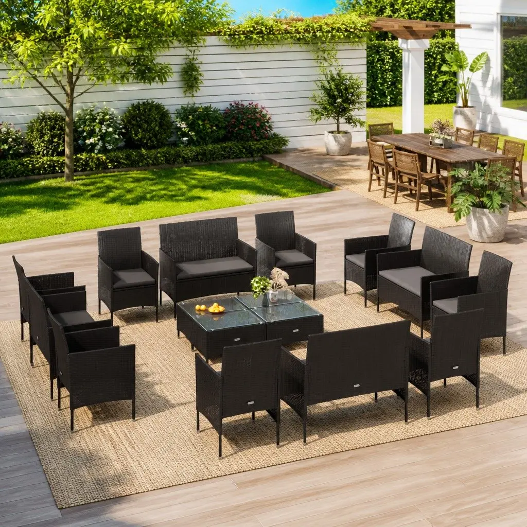 Outdoor Garden Lounge Set 16 Piece Patio Furniture Black Poly Rattan