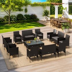 16-Piece Poly Rattan Lounge Set with Glass Tabletop
