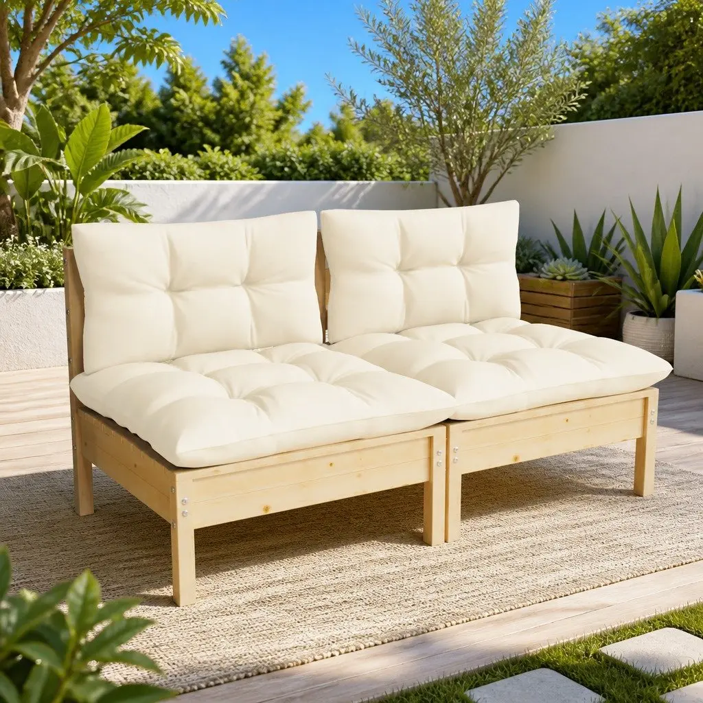 2-Seater Garden Sofa Outdoor Patio Furniture Cream Pinewood Modular Lounge Seat
