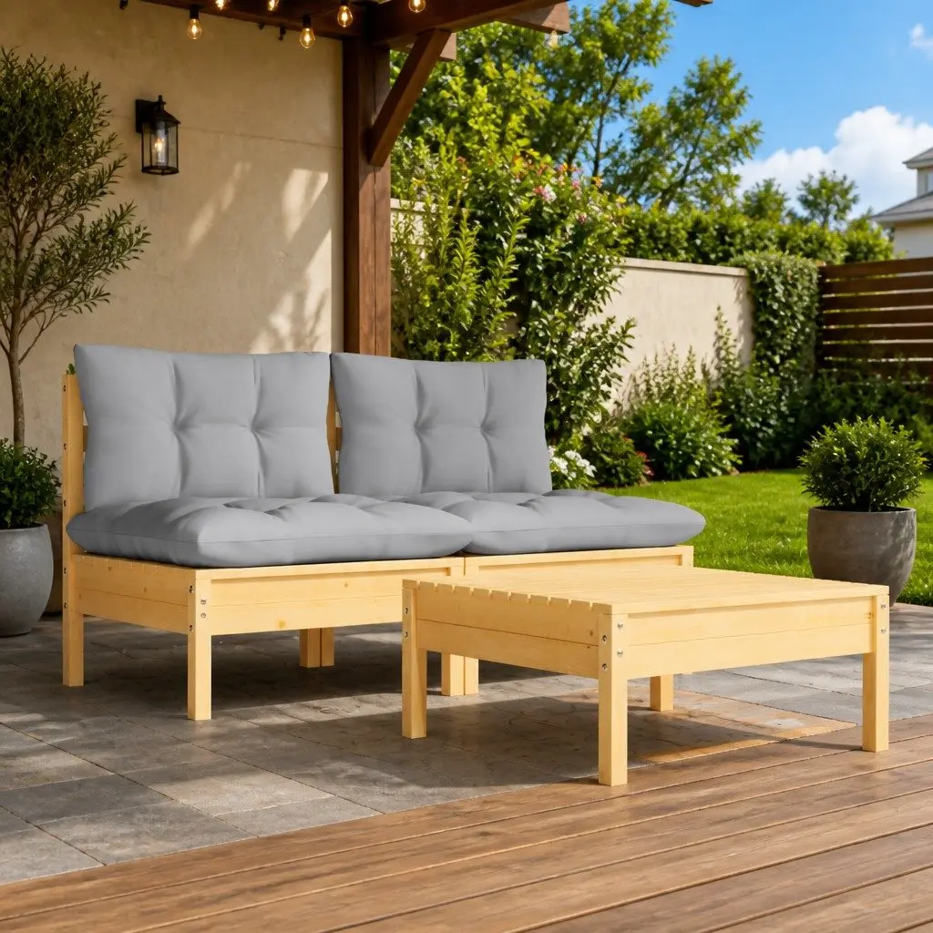3 Piece Garden Lounge Set Pinewood Patio Furniture Outdoor Sofa with Grey