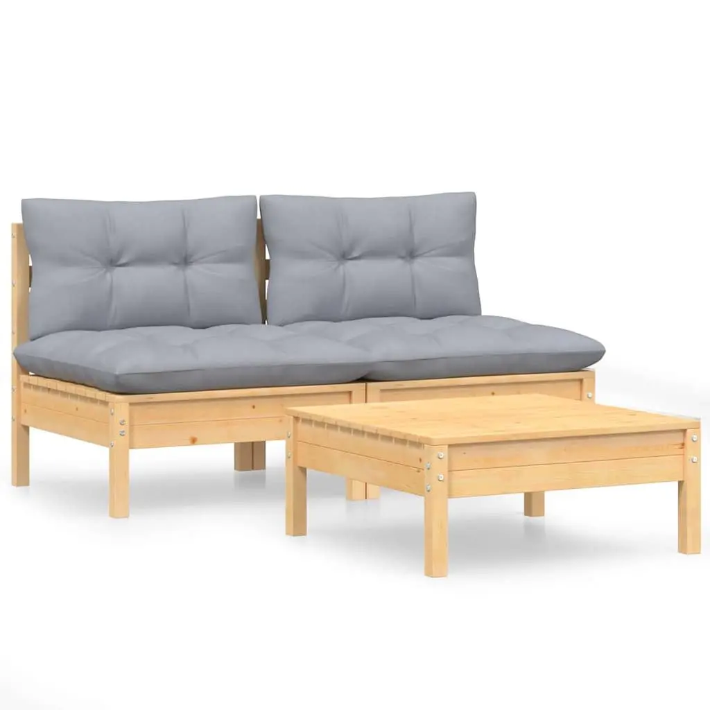 3 Piece Garden Lounge Set Pinewood Patio Furniture Outdoor Sofa with Grey