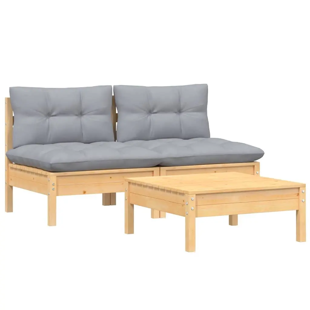 3 Piece Garden Lounge Set Pinewood Patio Furniture Outdoor Sofa with Grey