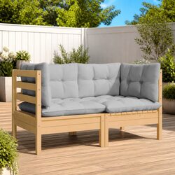 2-Seater Outdoor Garden Sofa with Grey Cushions Solid Wood Pine Patio Lounge
