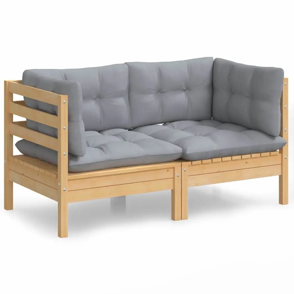 2-Seater Outdoor Garden Sofa for Patio with Grey Cushions Solid Pine Wood
