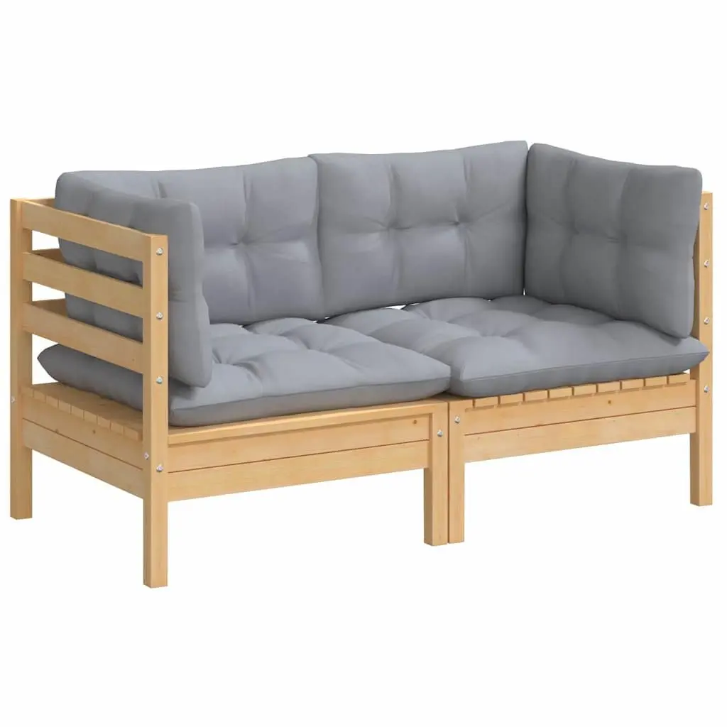 2-Seater Outdoor Garden Sofa for Patio with Grey Cushions Solid Pine Wood