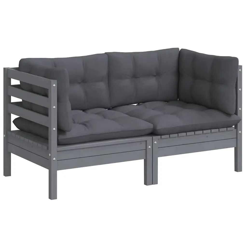 2-Seater Garden Sofa Outdoor Patio Seating Solid Pinewood Grey Cushions