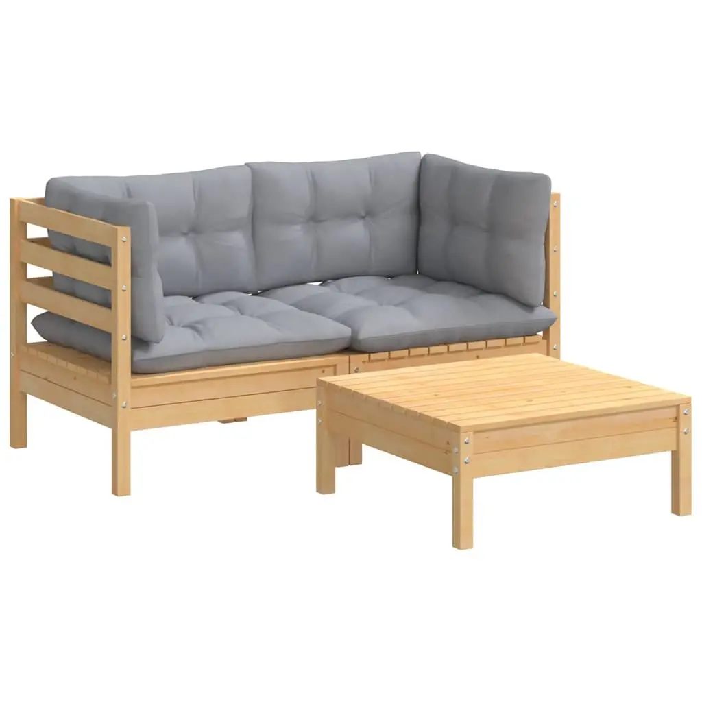 Garden Lounge Set Outdoor Furniture 3 Piece Grey Cushions Pinewood