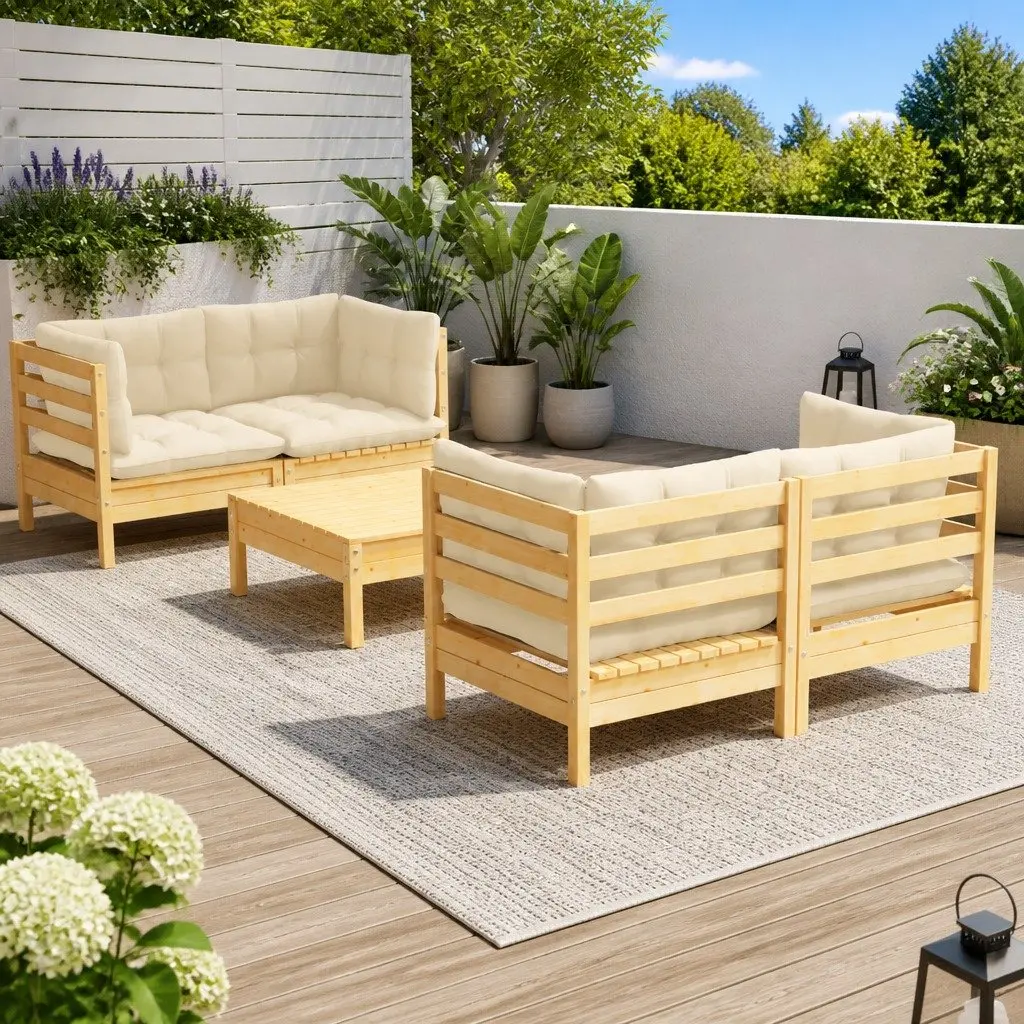 5 Piece Garden Lounge Set Outdoor Furniture Solid Pinewood with Cream Cushions