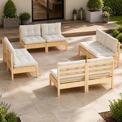 8-Piece Outdoor Patio Furniture Set - Pinewood & Cream Cushions
