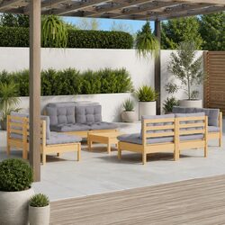 9 Piece Outdoor Lounge Set – Pinewood Construction & Grey Cushions