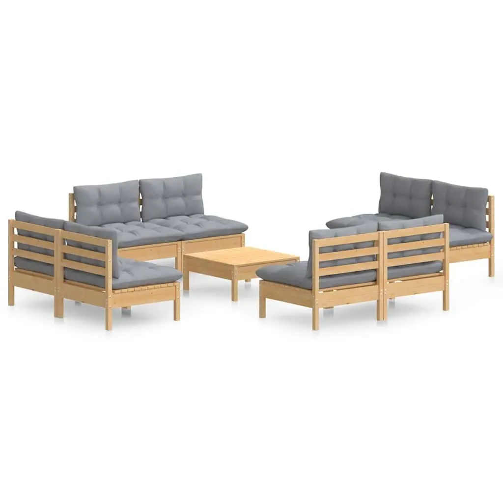 9 Piece Outdoor Garden Lounge Set Pinewood Patio Furniture Grey Cushions