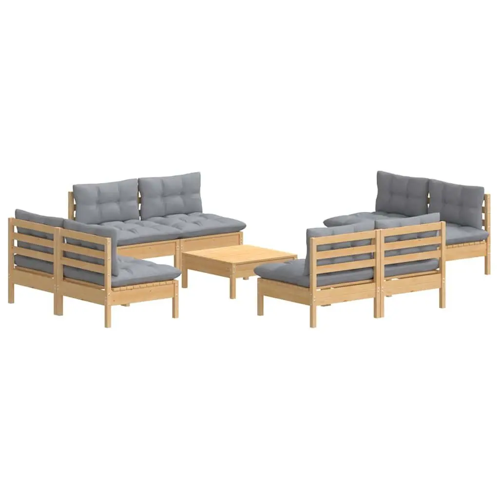 9 Piece Outdoor Garden Lounge Set Pinewood Patio Furniture Grey Cushions