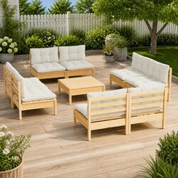 9 Piece Garden Lounge Set: Pinewood with Cream Cushions