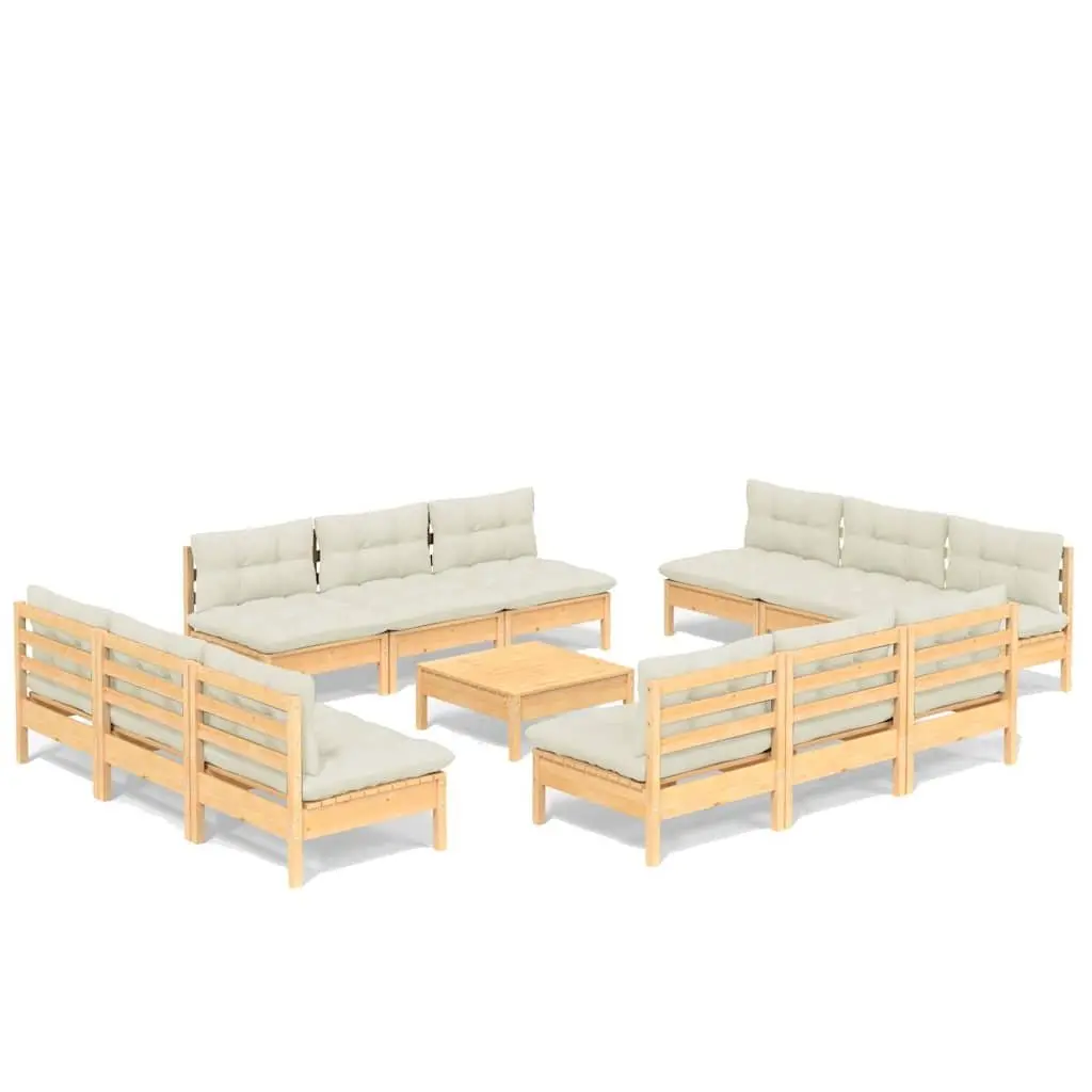 Modular Patio Furniture Garden Lounge Set 13 Piece Pinewood with Cream Cushions