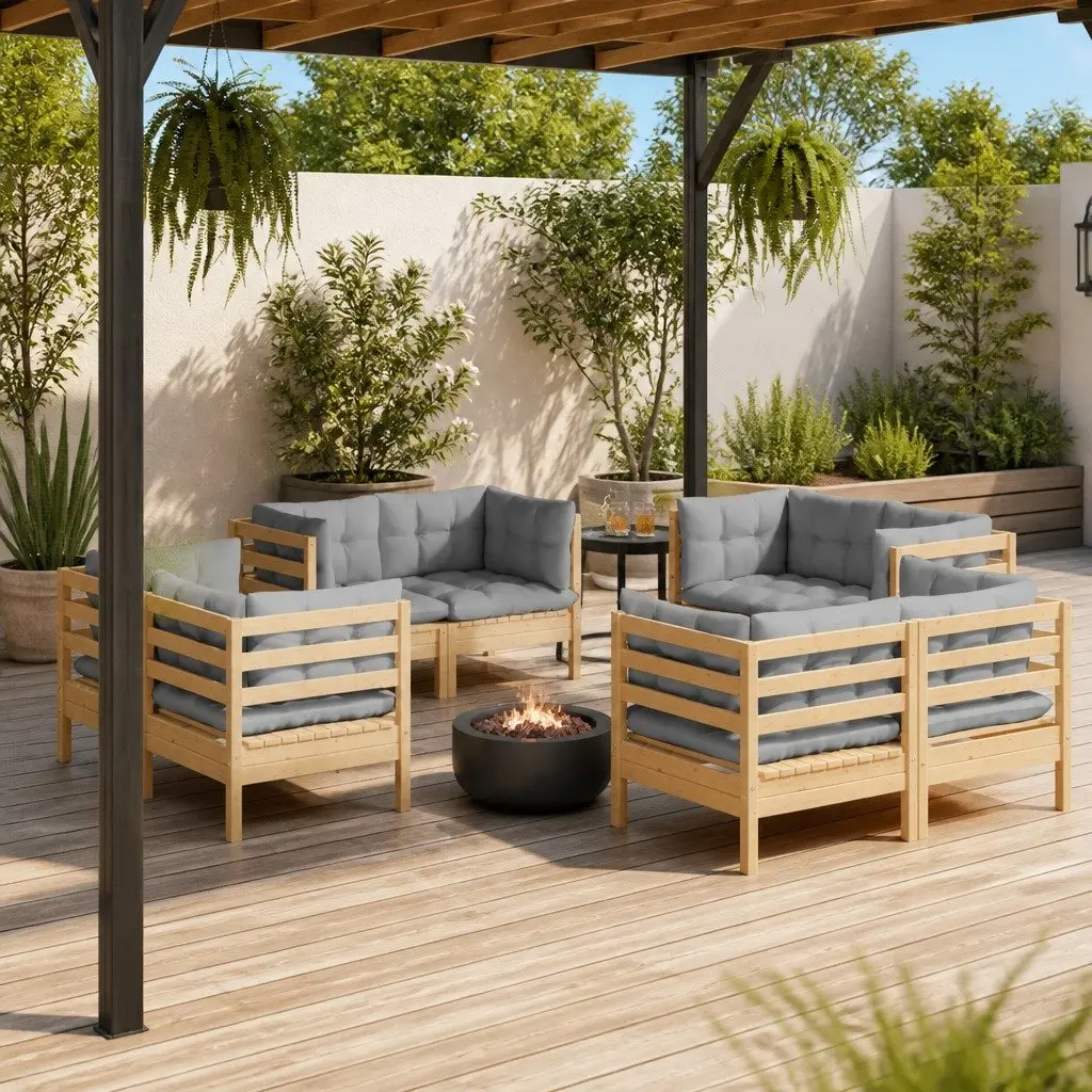 Outdoor Patio Furniture Set 8 Piece Modular Garden Lounge with Grey Cushions