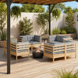 8-Piece Outdoor Lounge Set: Grey Cushions & Pinewood