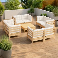 9-Piece Pinewood Patio Lounge Set with Comfortable Cushions