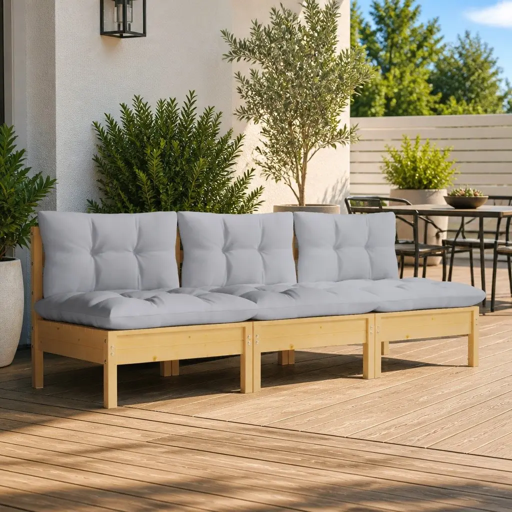 3-Seater Garden Sofa Outdoor Use Solid Pinewood with Grey Cushions