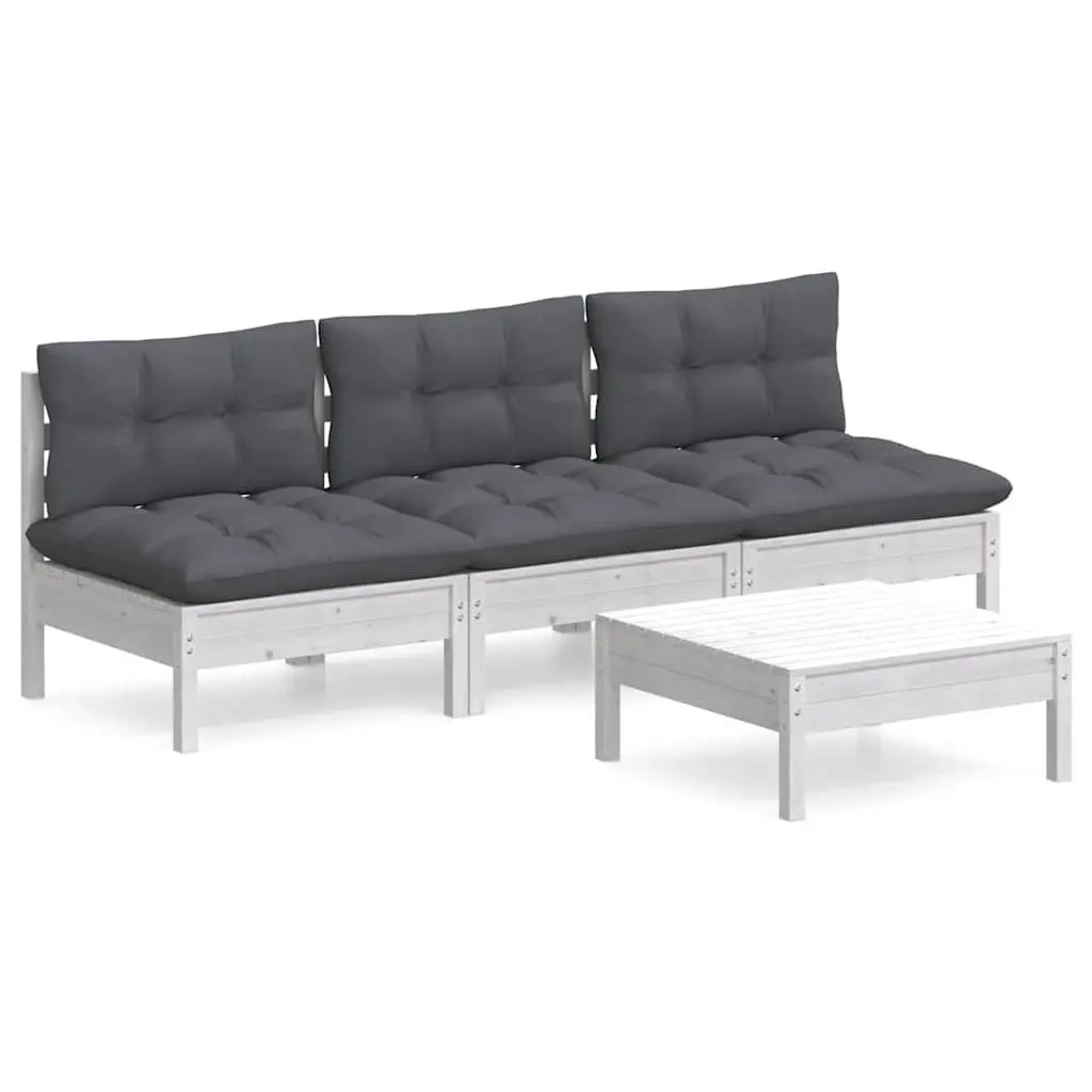 Outdoor Patio Modular Lounge Set 4 Piece White Pinewood Furniture with Cushions
