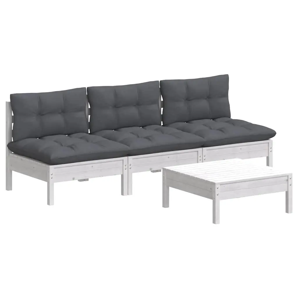 Outdoor Patio Modular Lounge Set 4 Piece White Pinewood Furniture with Cushions