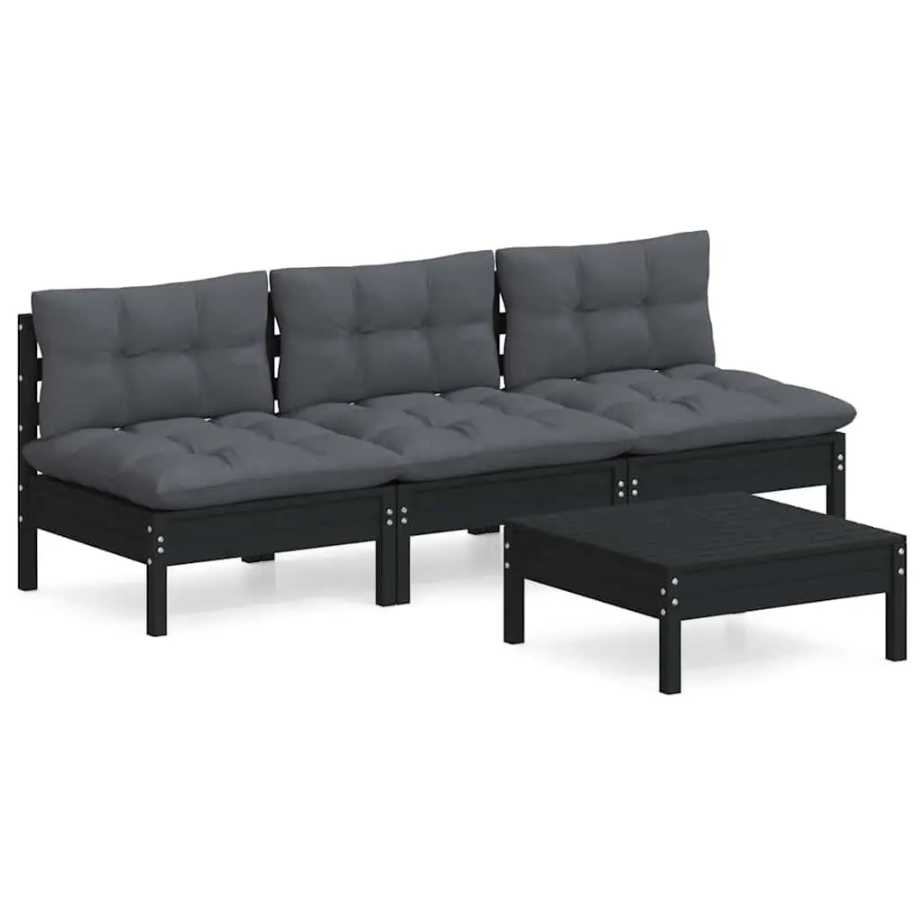 Garden Lounge Set 4 Piece Pinewood Patio Furniture with Cushions Black Outdoor