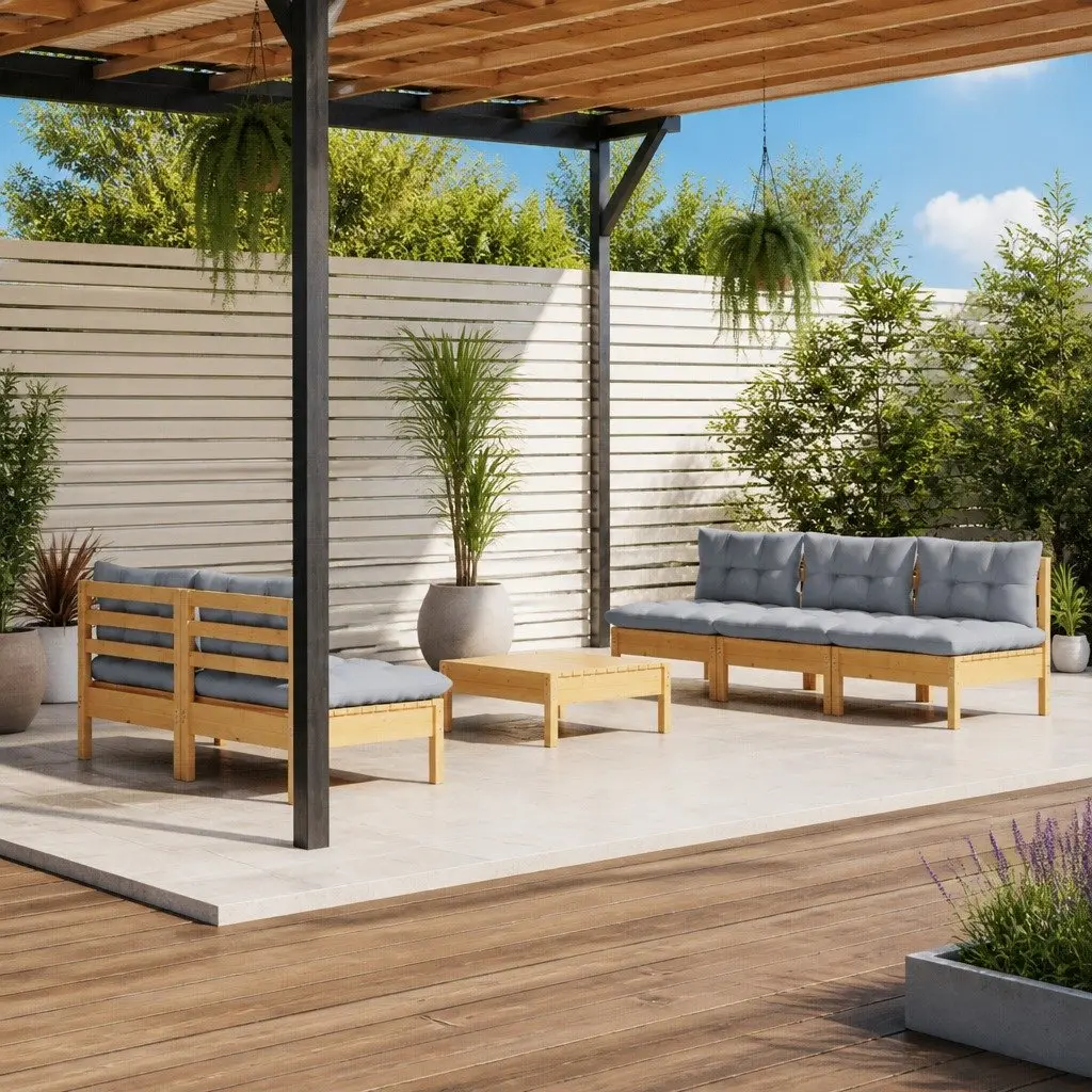 Garden Lounge Set Outdoor Patio Furniture 6 Piece Pinewood Grey Cushions
