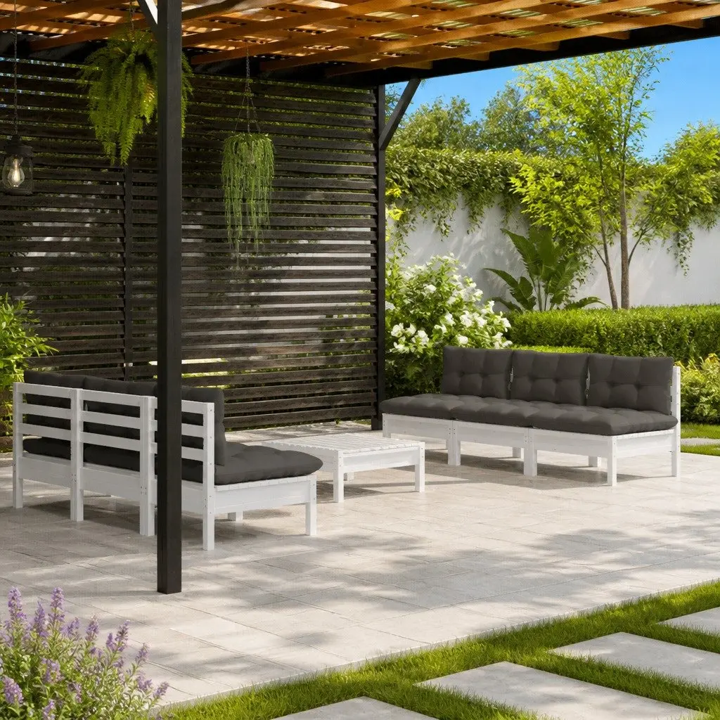 Garden Lounge Set Modular Outdoor Use 7 Piece White Pinewood with Cushions