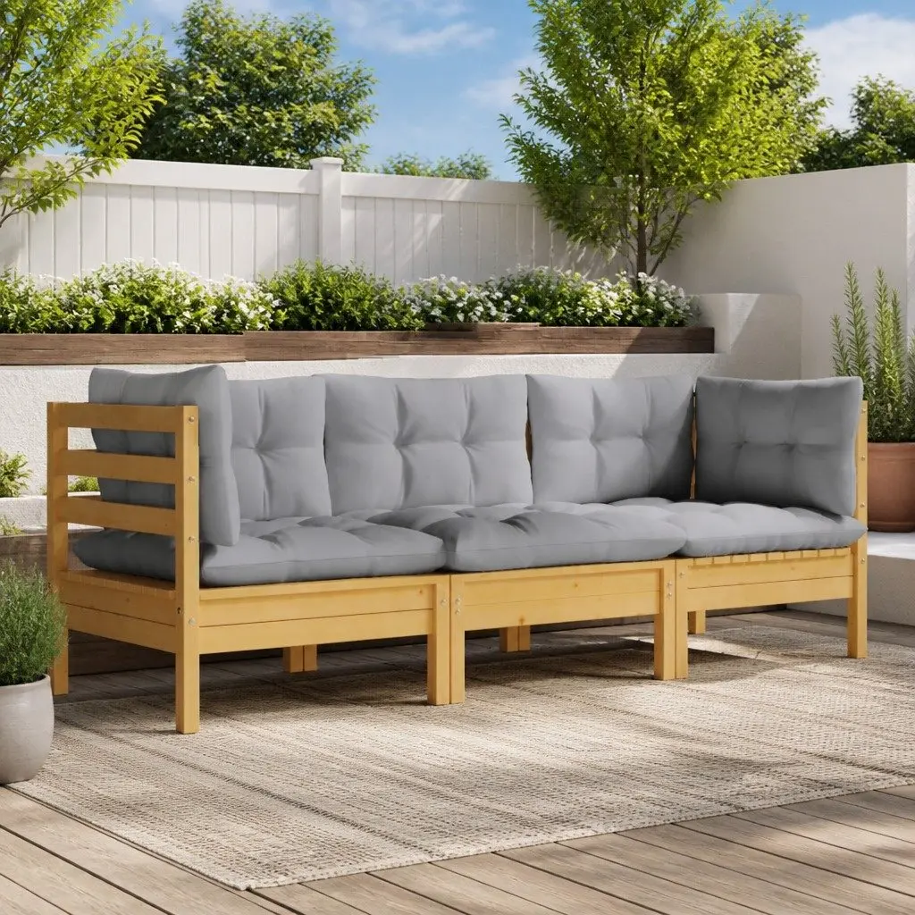 Modular Outdoor Patio Garden Sofa for 3 with Solid Pinewood Frame and Grey Cushions