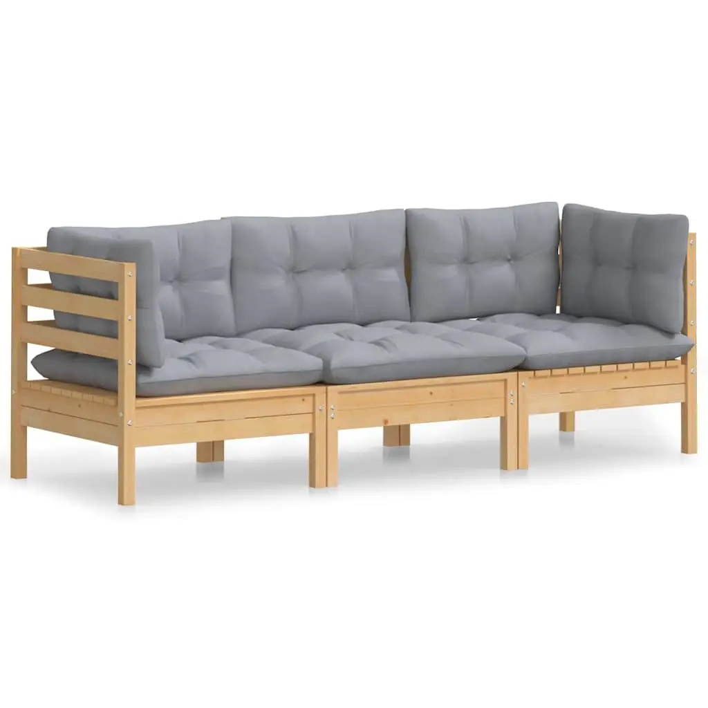 Modular Outdoor Patio Garden Sofa for 3 with Solid Pinewood Frame and Grey Cushions