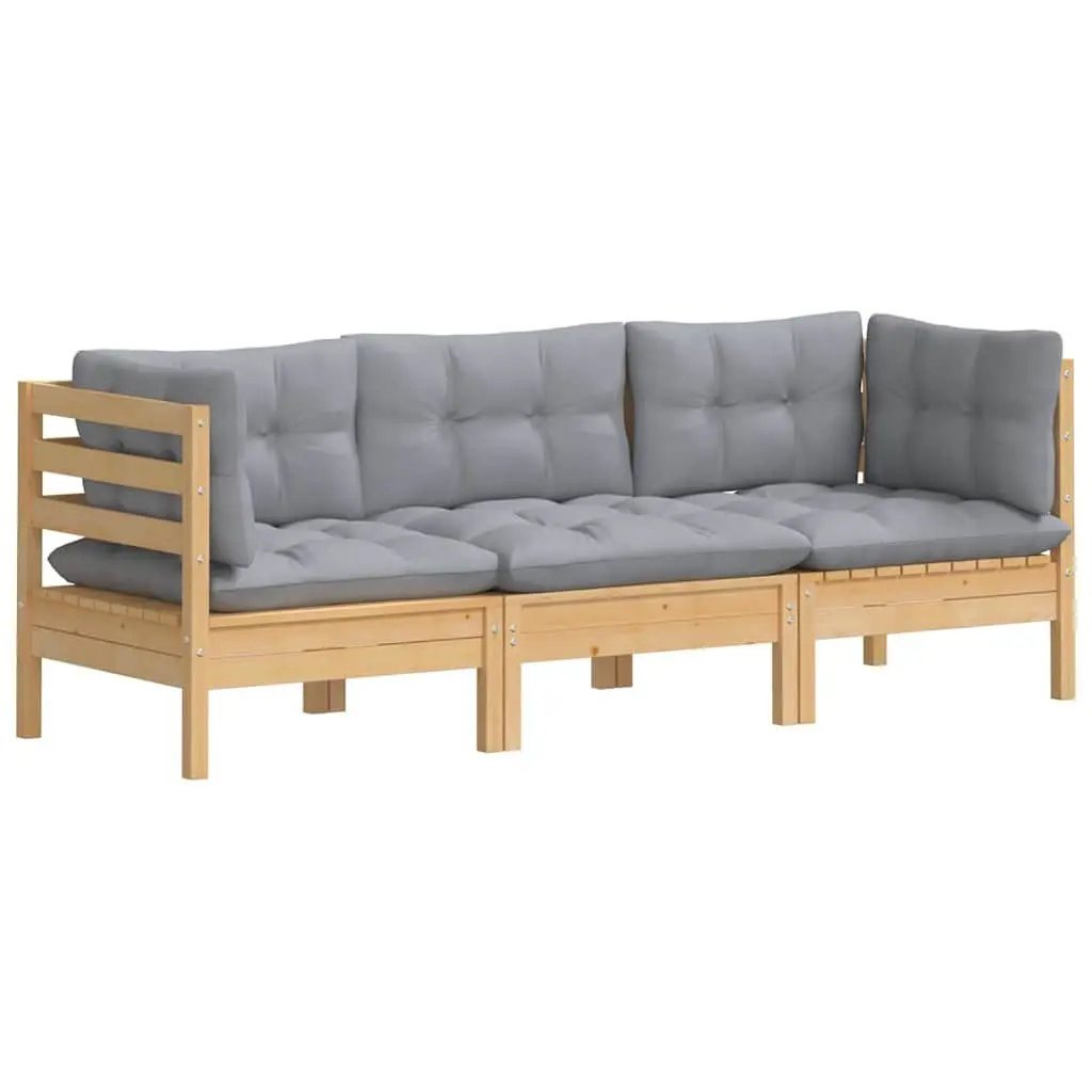 Modular Outdoor Patio Garden Sofa for 3 with Solid Pinewood Frame and Grey Cushions